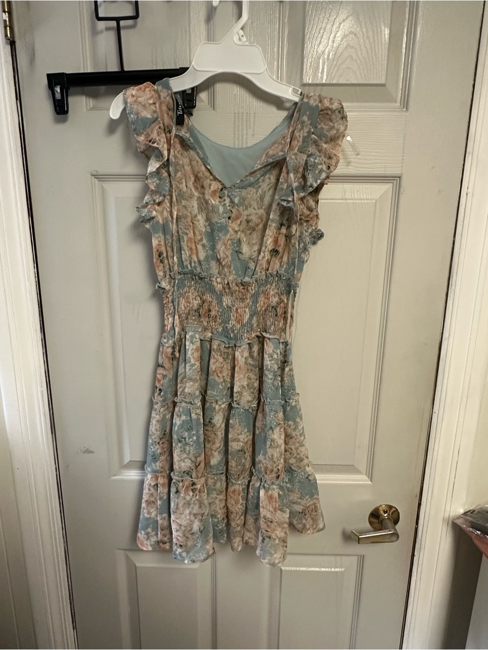 Trixxi Light Blue & Beige Floral Ruffle Tiered Dress